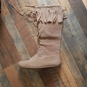 Tan Boots High Forever Knee Baylee Fringe Lace 7.5